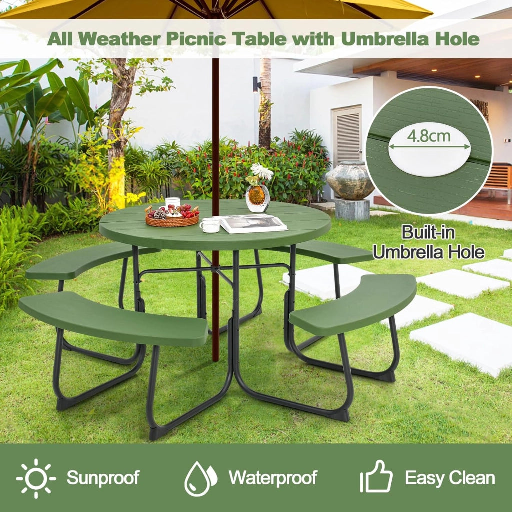 Set di Tavolo da Picnic Rotondo per 8 Persone, Set di Sedie e Tavolo con Foro per Ombrellone, Mobili da Giardino con 4 Panche, in HDPE e Metallo, φ190 x 76 cm (Verde)