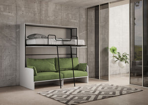Letto Doppio A Scomparsa Kando Con Divano Con Materassi Bianco Frassino e Verde