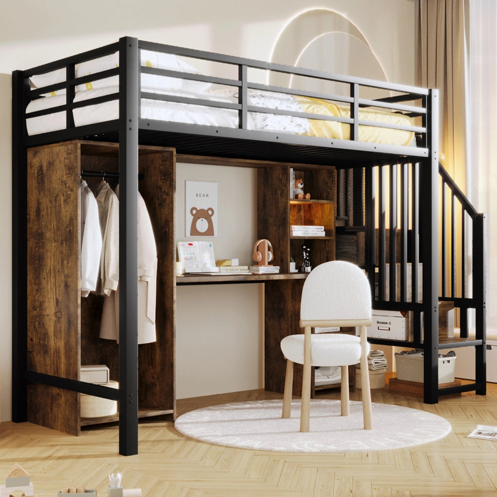 Letto a castello nero in metallo con stoccaggio armadio e scrivania 90x200 cm