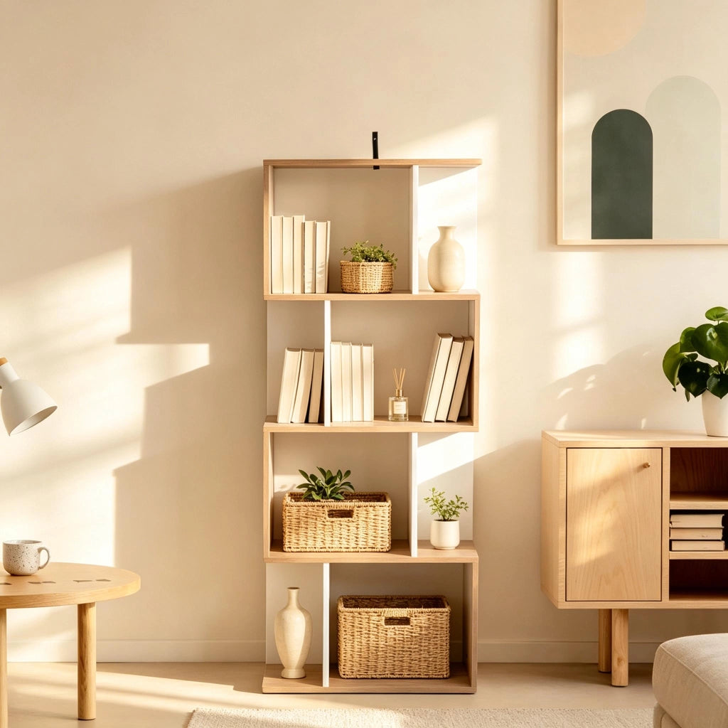 LIBRERIA S-ფორმata 60x24x148 cm in pannello di truciolare, naturale/bianco