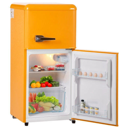 Frigorifero retrò; congelatore; doppia porta; volume totale 60L; vano congelatore 22L; luce LED; efficiente energetico; giallo antico