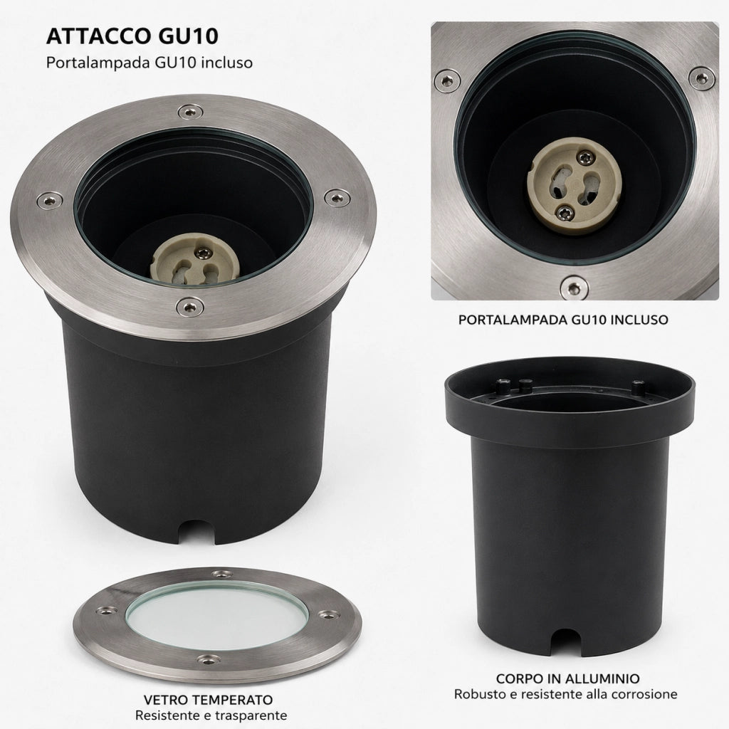 Faretto Calpestabile GU10 da Incasso Esterno IP65 Acciaio Inox 220V Ø110mm