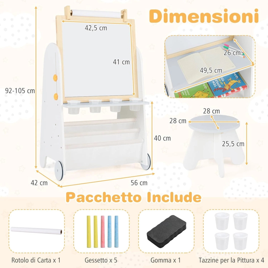 Cavalletto Lavagna per Bambini con Sgabello e Tavolo 4 in 1, Lavagna Magnetica Regolabile in Altezza con Rotolo di Carta e 4 Tazze di Vernice, Cavalletto a Ruote con Gessi e Cancellino