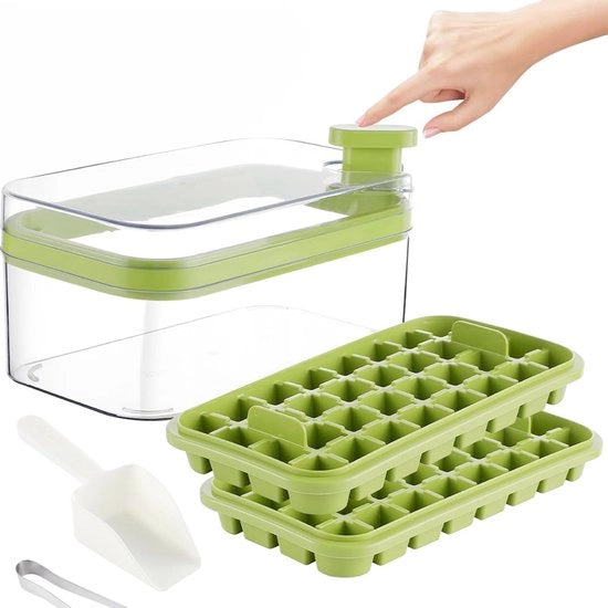 Scatola per cubetti di ghiaccio con coperchio e supporto, supporto per cubetti di ghiaccio con 64 pezzi, quadrato, rilascio di tutti i cubetti di ghiaccio in un secondo, doppia piastra (2 livelli, 1 contenitore per ghiaccio e cucchiaio, verde)