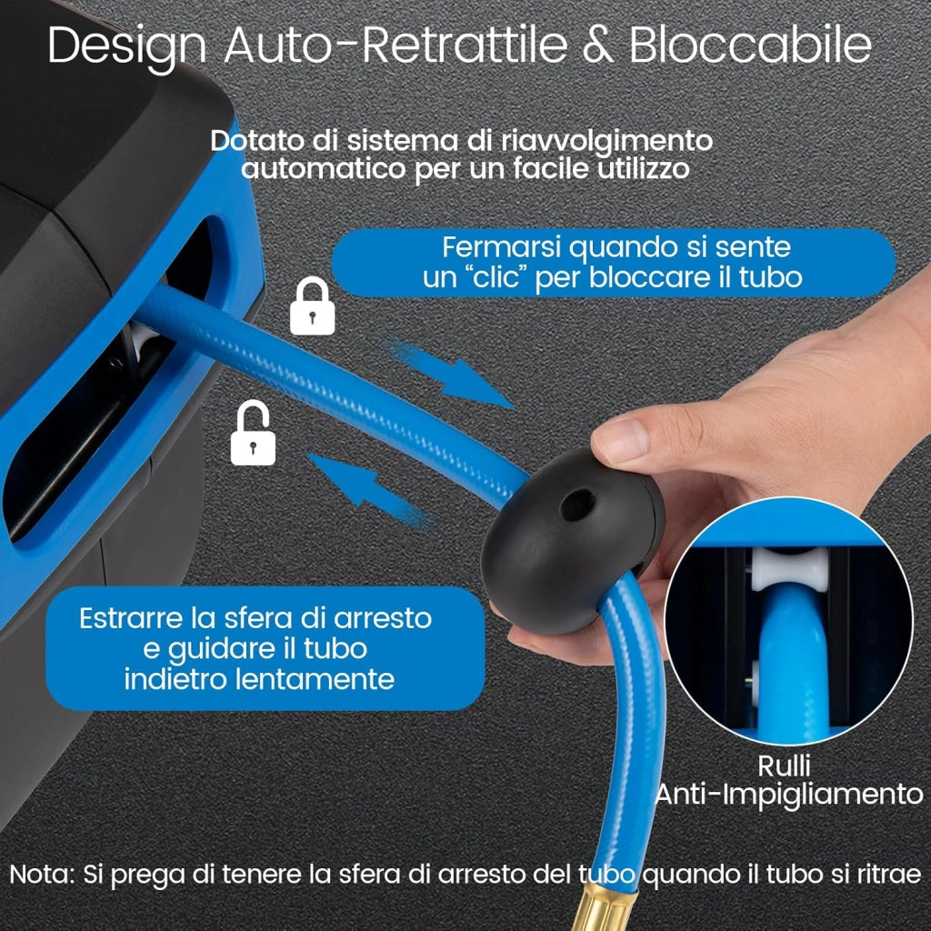 Avvolgitubo Aria Compressa da Parete, Tubo Aria Ibrido da 15 M con Tubo di Alimentazione da 1,5 M, Supporto Girevole a 180°, Avvolgitubo Automatico Retrattile per Garage e Officina