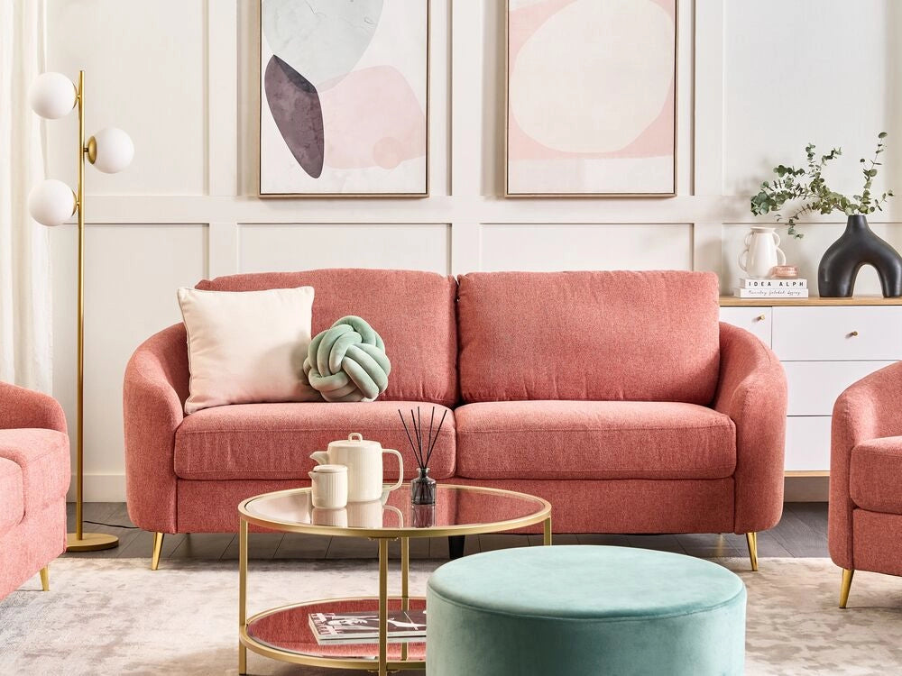 Divano 3 posti in tessuto rosa con piedi dorati curve morbide stile glamour elegante soggiorno