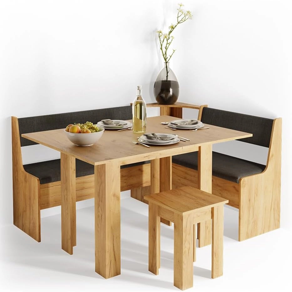 Gruppo panca ad angolo Roman, Quercia dorata, 150 x 120 cm con tavolo, adatto per il posizionamento ad angolo in cucine e sale da pranzo