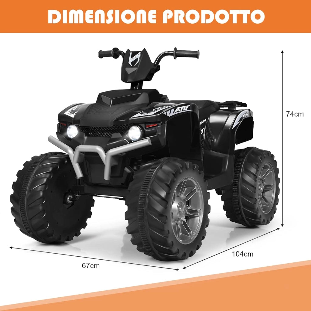 12 V Quad Elettrico per Bambini, Auto Elettrica Cavalcabile con Luci LED e Musica, Velocità Fino a 5km/h, per Bambini 3-7 Anni (Nero)