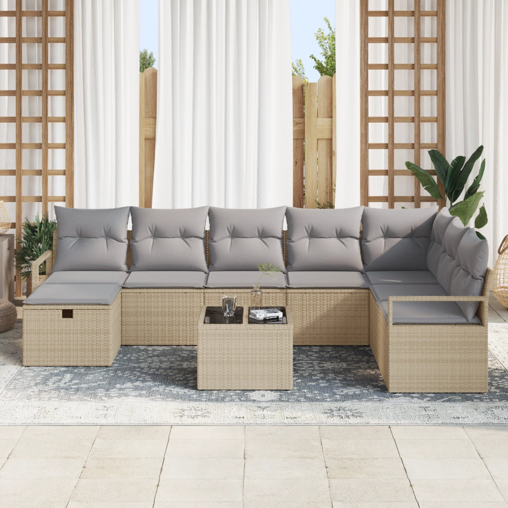 Set Divano da Giardino  9 Pezzi con Cuscini Rattan Polietilene Beige