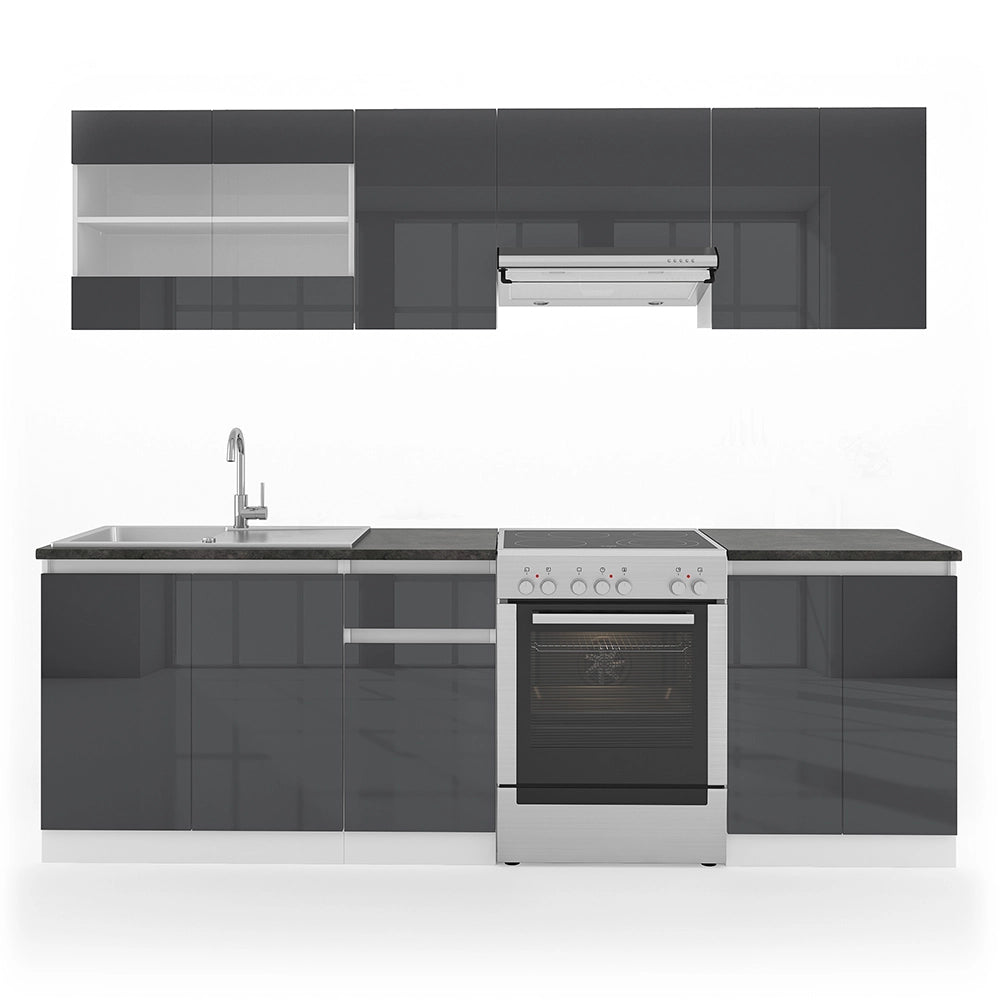 Mobile da cucina Raul Antracite lucido/Bianco 240 cm, AP Nero con striscia LED Vicco