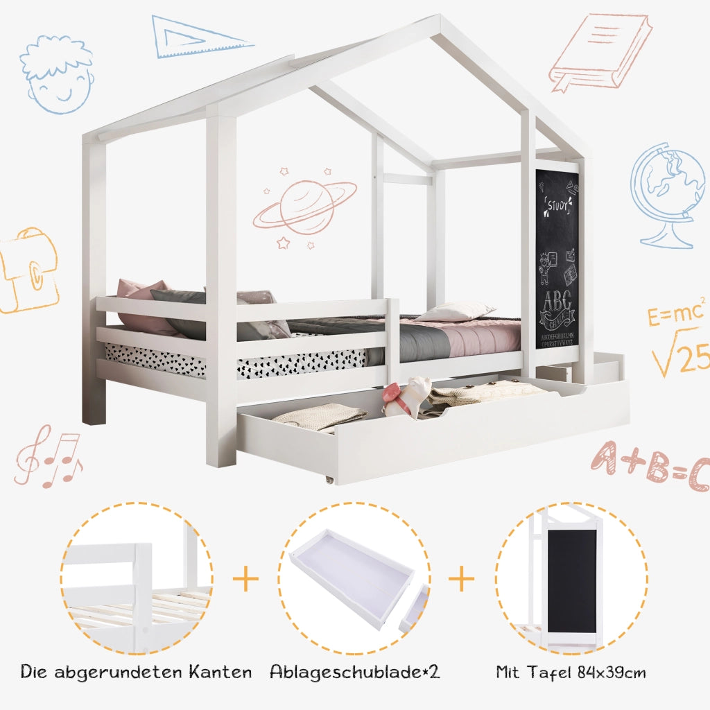Letto a casa in legno massello bianco con lavagna e 2 cassetti 90x200 cm