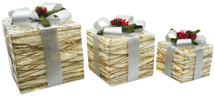 Set 3 Pacchi di Natale con LED in Plastica Bianco e Argento