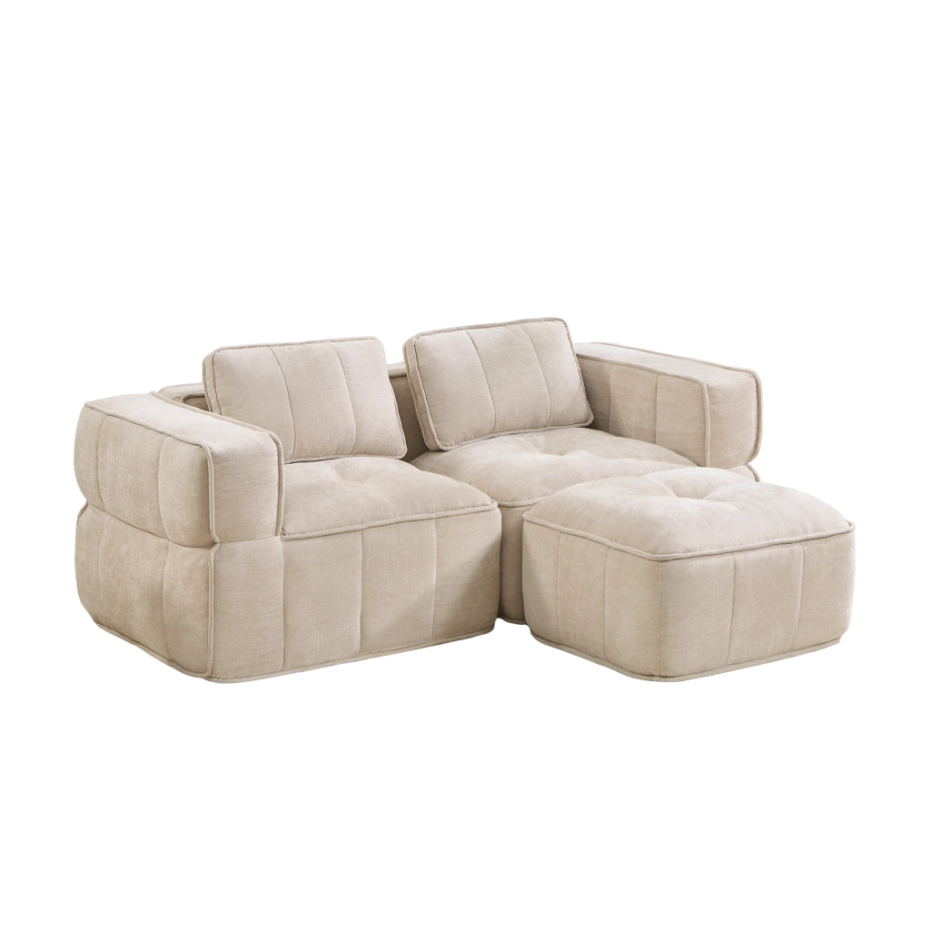 Divano modulare 2 posti con pouf e base antiscivolo per soggiorno in poliestere beige