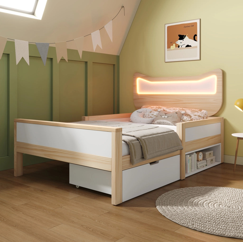 Letto per bambini 90x200 cm con testiera gatto LED e cassetto contenitore