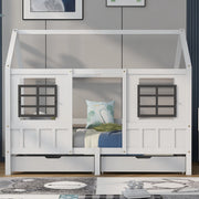 Letto casa con due cassetti e finestre, bianco