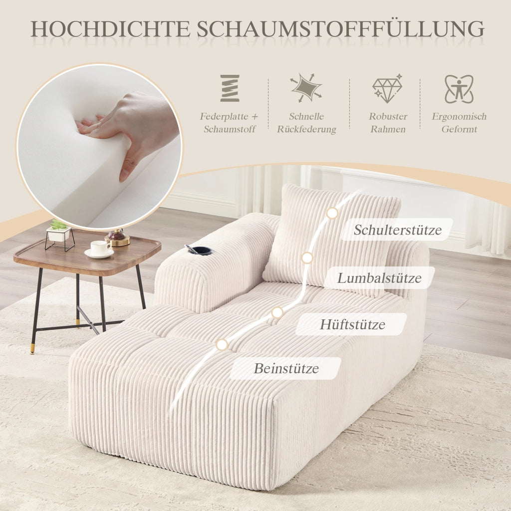 Fauteuil in corduroy con tasche laterali e portabicchieri, schiuma ad alta densità e struttura stabile, beige