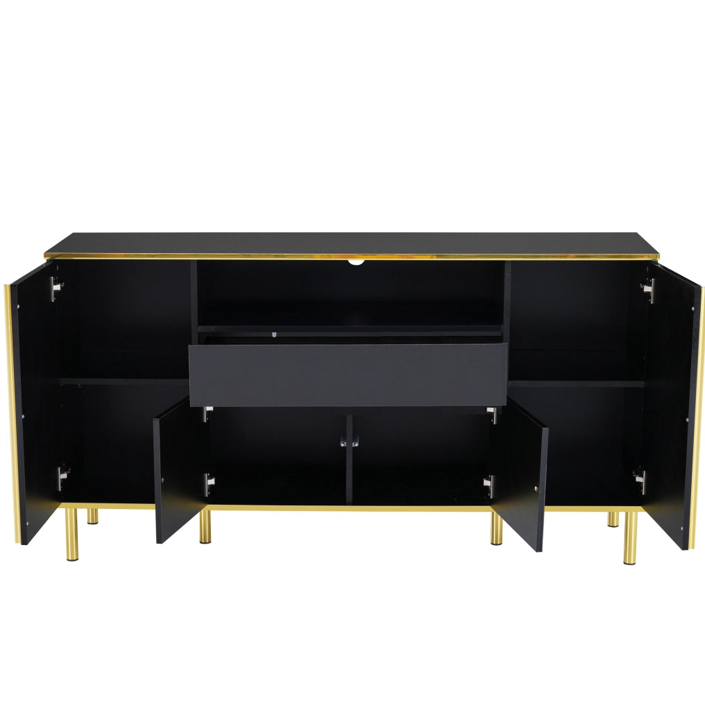 Madia con LED 150x40x80 cm in MDF e truciolare nero lucido con 4 ante e 1 cassetto