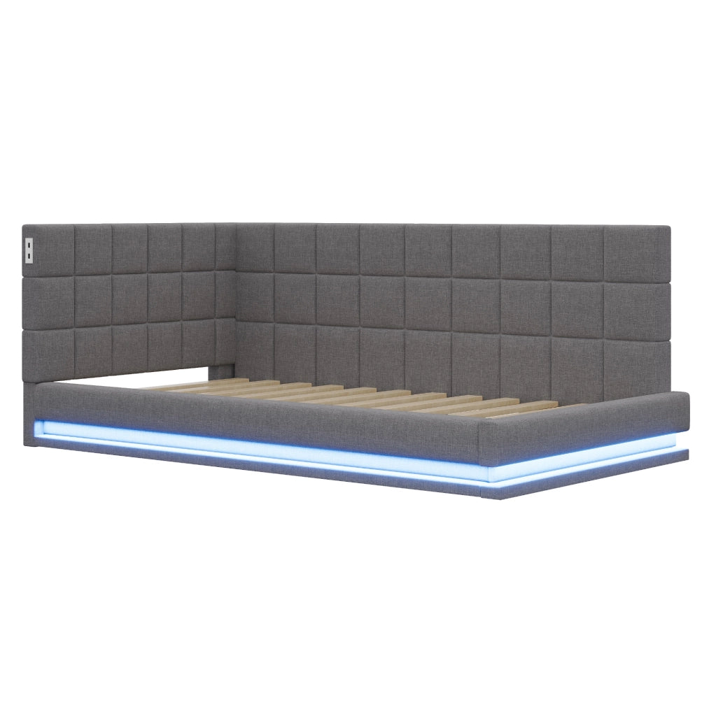 Divano letto imbottito 90x200 con LED; USB; rete a doghe; lino grigio