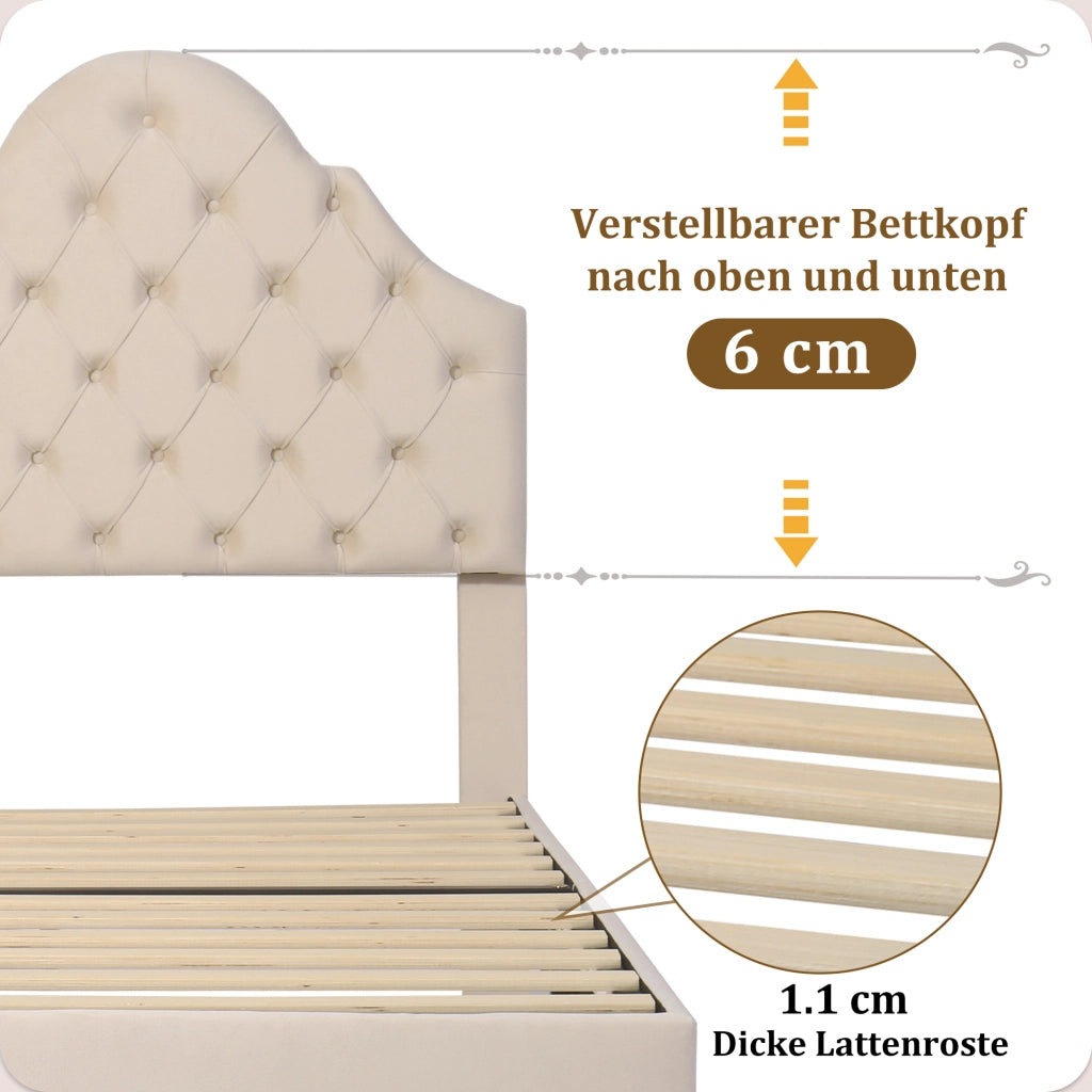 OKWISH Letto Singolo 90×200 cm, Letto per Ragazzi con Testiera Regolabile in Altezza e Rete a Doghe, senza Materasso, Velluto, Beige