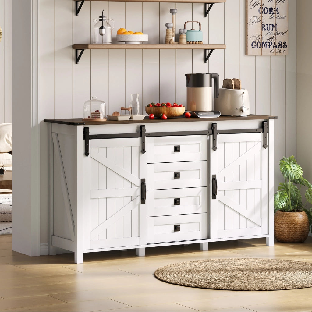 Credenza sideboard con 2 ante scorrevoli e 4 cassetti, 137 cm, bianco, in MDF