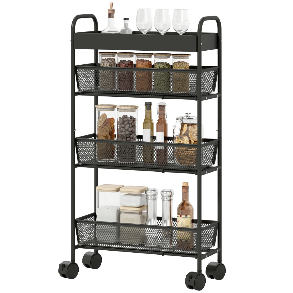 Carrello a 4 livelli con 3 cesti scorrevoli ¨C zephmum ¨C nero 80x43.2x19 cm