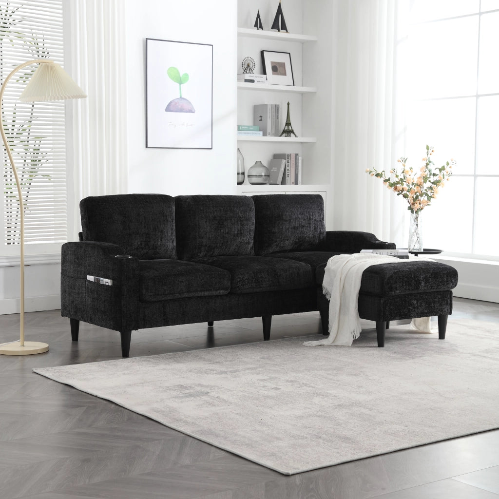DIVANO 4 POSTI CON POUF CONTENITORE 196,5x75x77 cm CHENILLE NERO