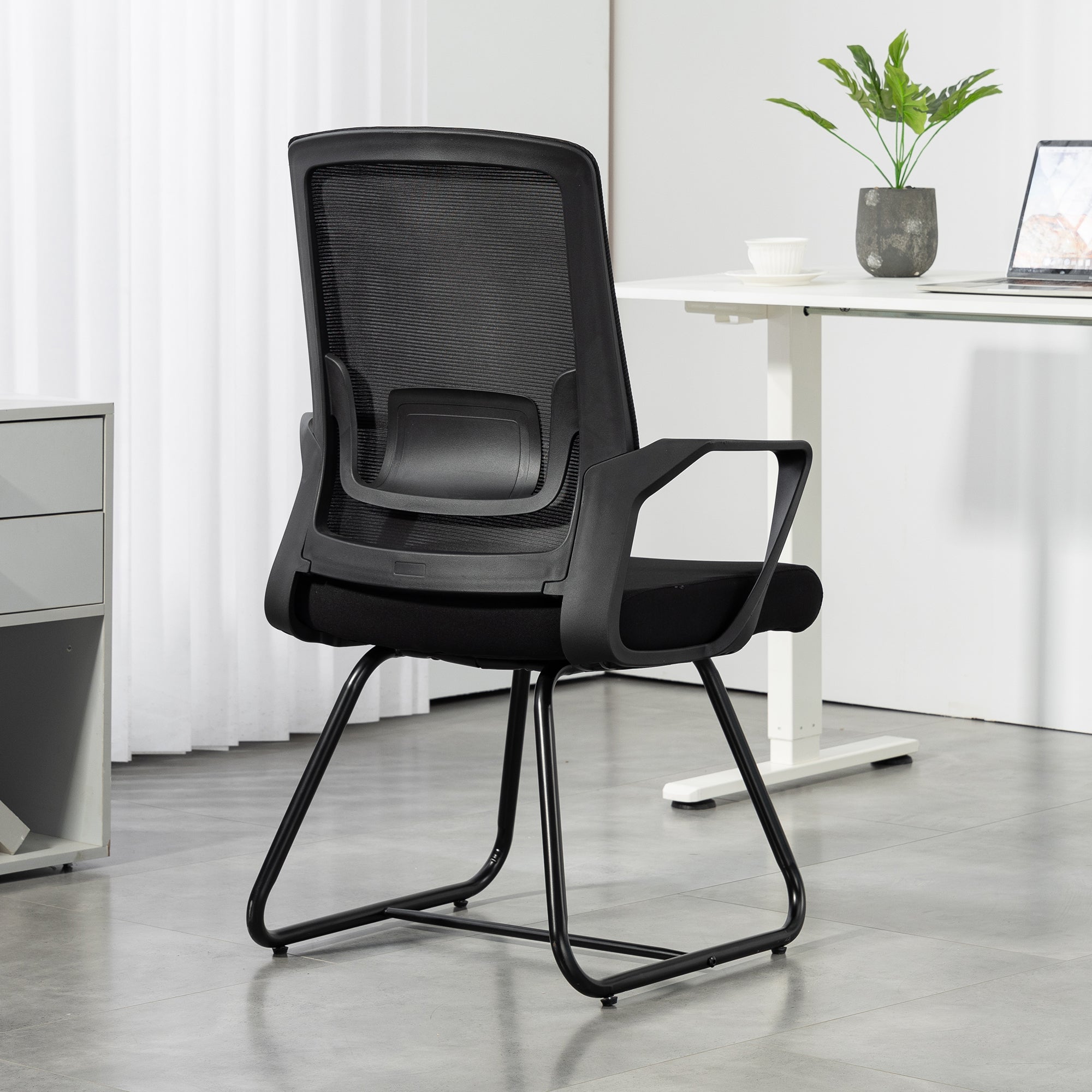 Sedia da Ufficio 57x56x97 cm Senza Ruote Ergonomica con Braccioli Struttura in Acciaio Nero