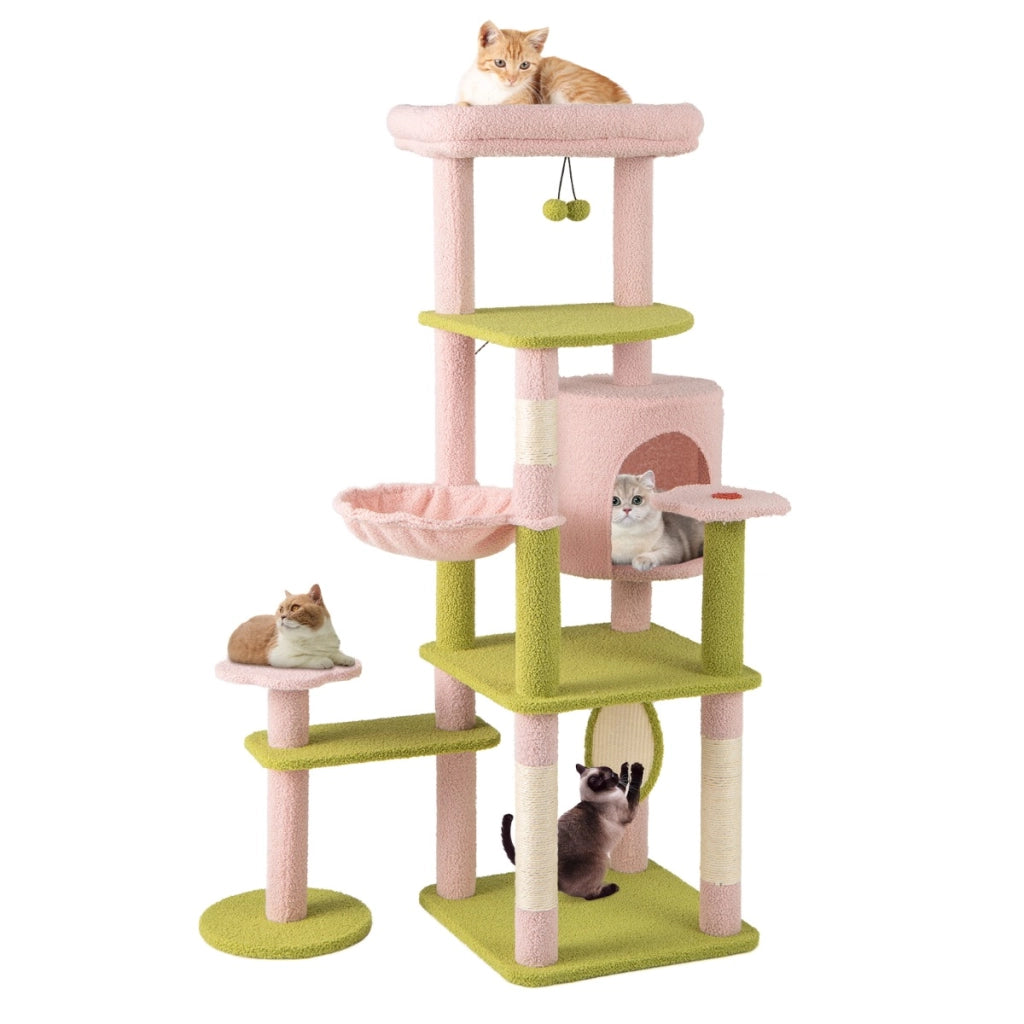 Albero per gatti alto torre a pi¨´ livelli con piattaforma superiore imbottita, Albero per gatti e pannello Rosa+Verde-Alberi Tiragraffi