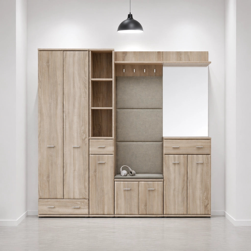 Set Ingresso Scarpiera Appendiabiti Imbottito Mobile Entrata Anta Specchio Vani Guardaroba Ganci Armadio Mobiletto Multifunzione Salvaspazio Corridoio Casa Design Moderno 210 x 32 x 203 Cm Rovere