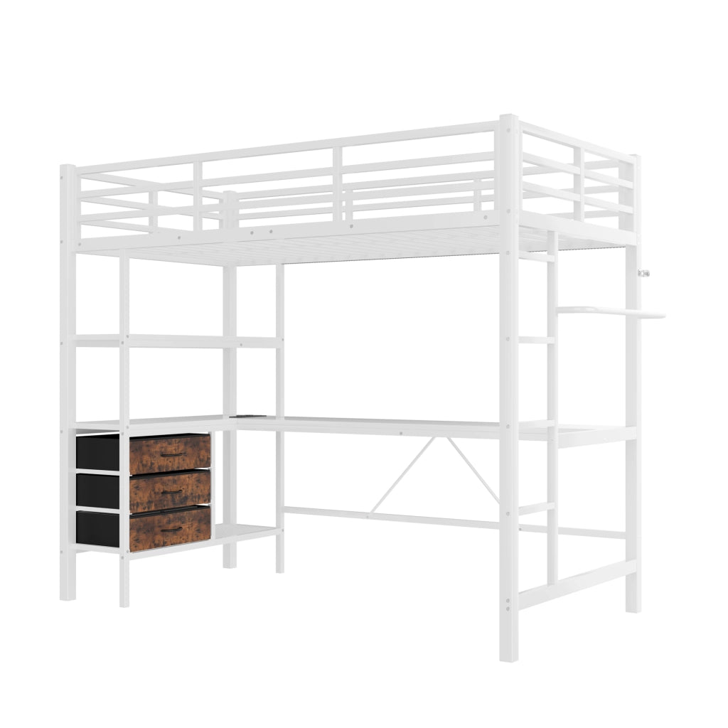 Letto a soppalco singolo 90×200 cm con LED; scrivania; prese USB; 3 cassetti e ripiani; senza materasso; bianco
