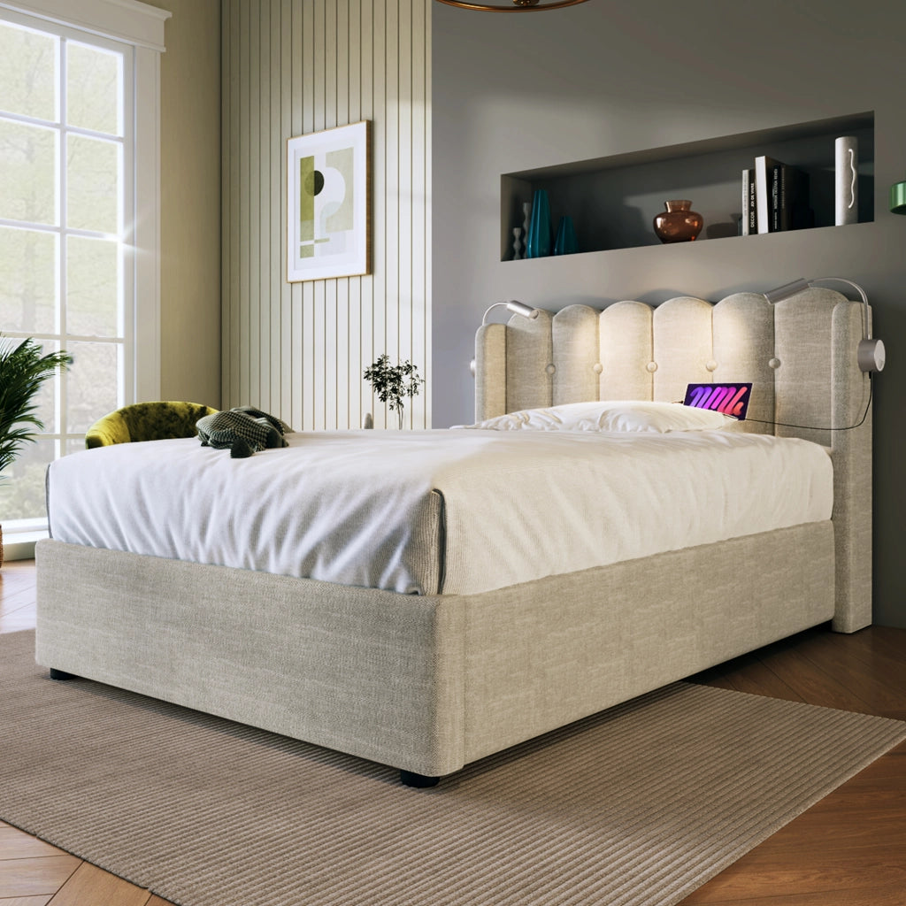 LETTO Contenitore 90x200 cm in Lino Naturale con Luce da lettura e USB