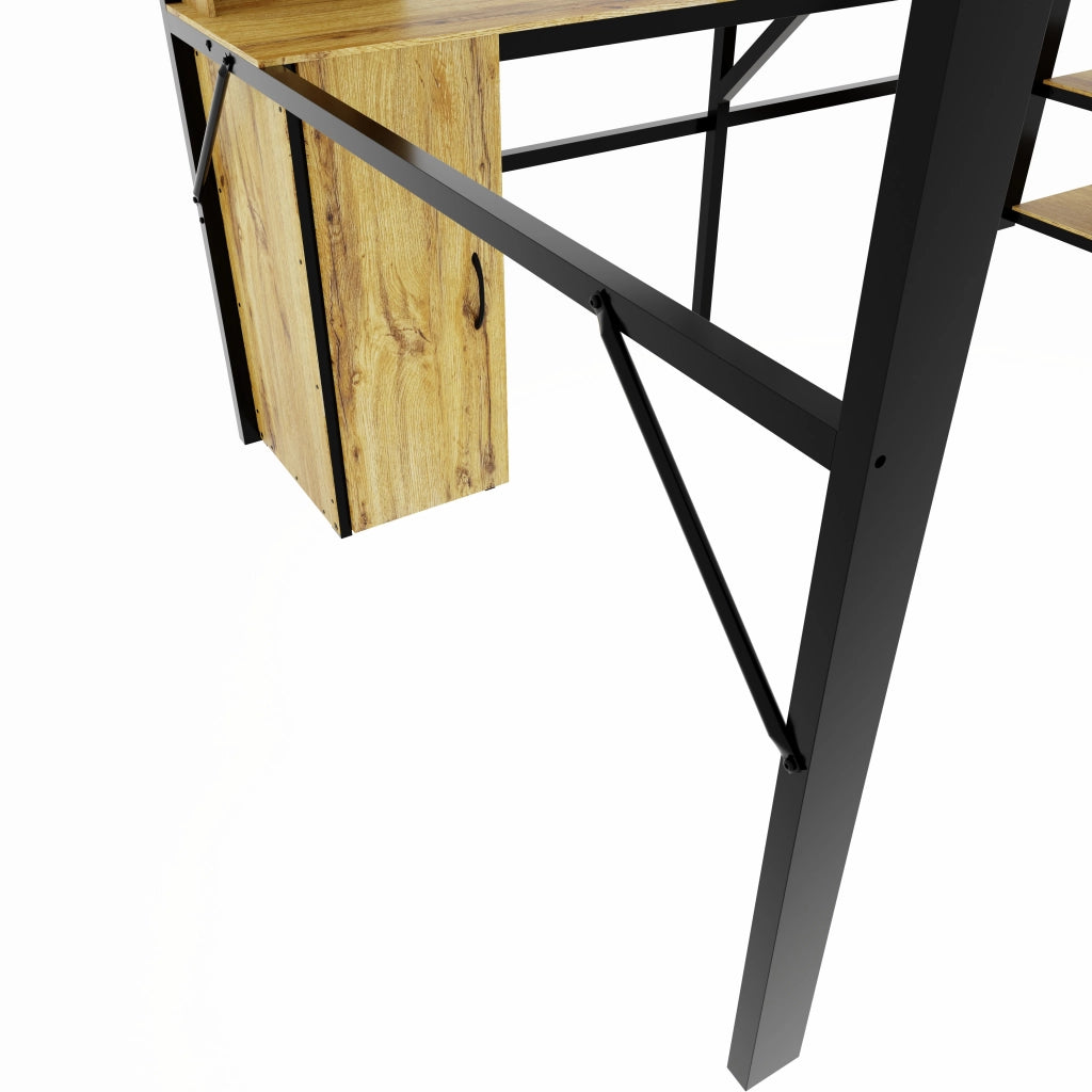 Letto a soppalco 140 × 200 cm in metallo e MDF nero con scrivania, schrank e scala contenitore