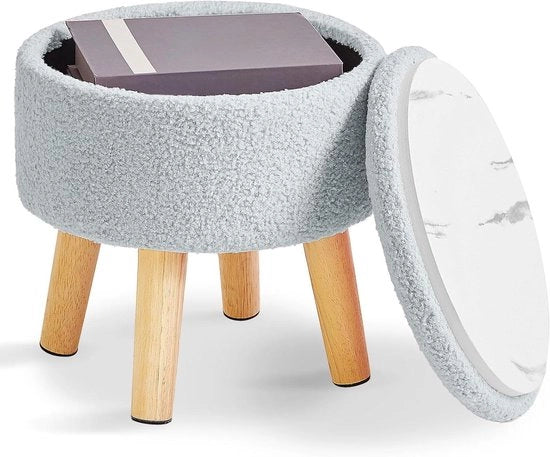 Seduta Ottomana Rotonda Piccola con Ripostiglio e Schienale Pieno con Tessuto Teddy in Grigio-Blu Scuro per Salotto, Camera da Letto e Entrata