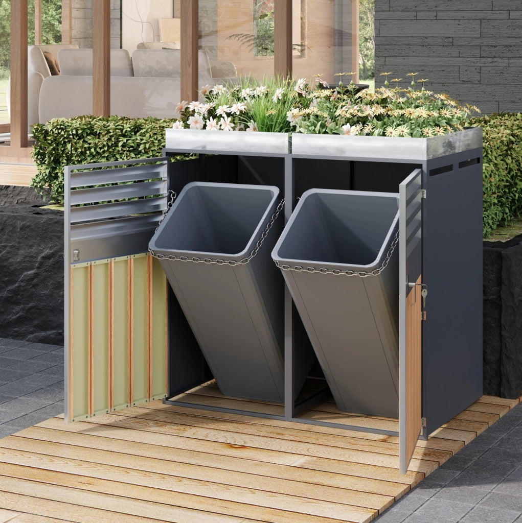 Armadio portarifiuti da esterno con fioriera integrata; 4 vani; acciaio zincato; grigio effetto legno