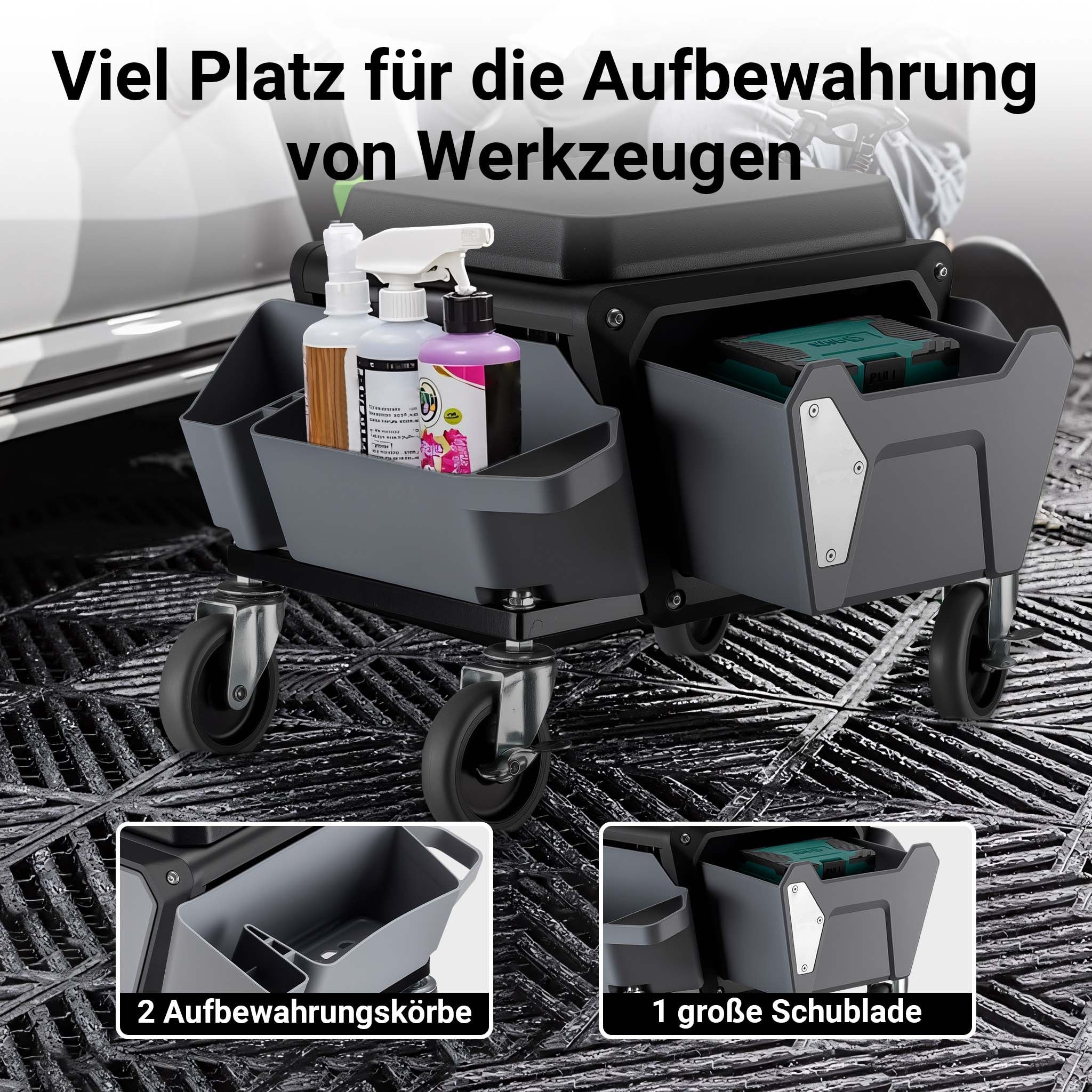 Sgabello da officina con ruote e porta attrezzi, sgabello mobile da meccanico, 120 kg di portata