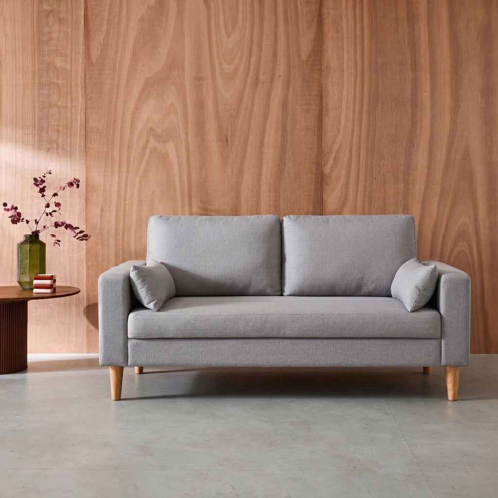 Divano in tessuto con gambe in legno, 3 posti, grigio chiaro