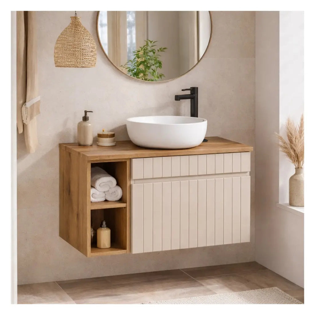 Set da bagno ICON: mobile sotto lavabo 60cm cachemire con nicchie a vista + piano per lavabo effetto legno