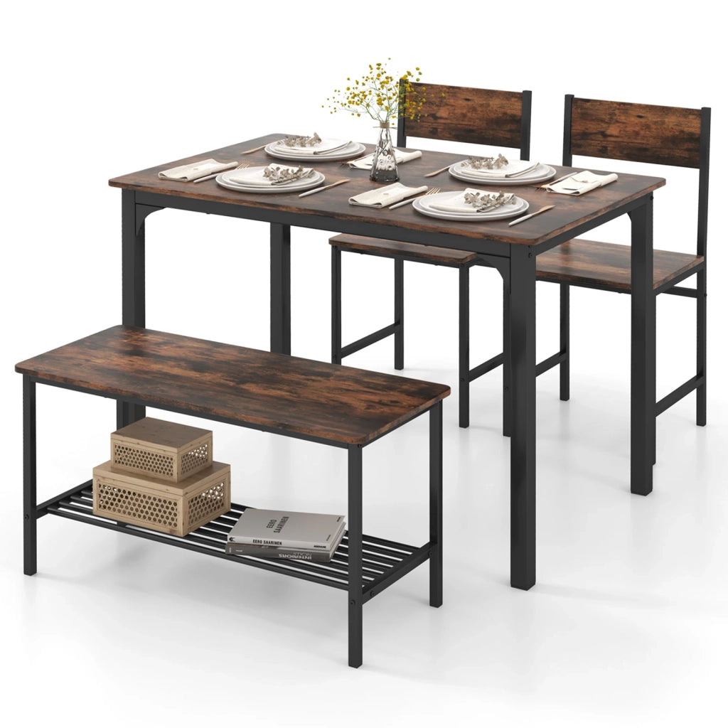 Set da pranzo 4 pezzi con tavolo 2 sedie e panca marrone rustico in MDF e acciaio robusto e salvaspazio per casa e cucina