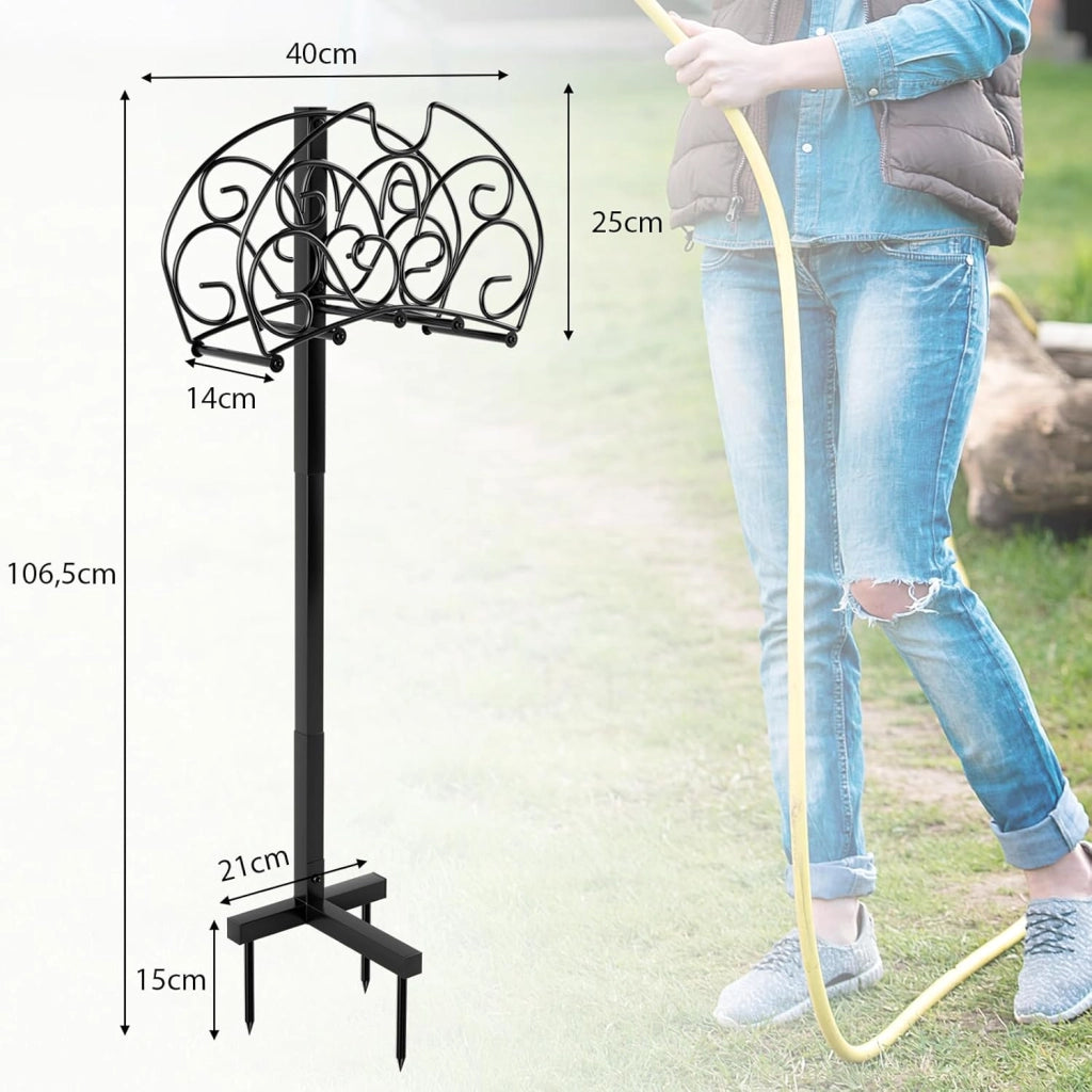 Supporto per Tubo da Giardino, Porta Tubo da Terra in Metallo con 3 Punti di Ancoraggio, Supporto per Tubo Staccabile per Giardino, Prato, Nero