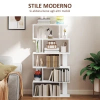 Libreria Asimmetrica a S a 5 Livelli con 10 Ripiani Aperti, in Legno, 80x24x159 cm, Bianco
