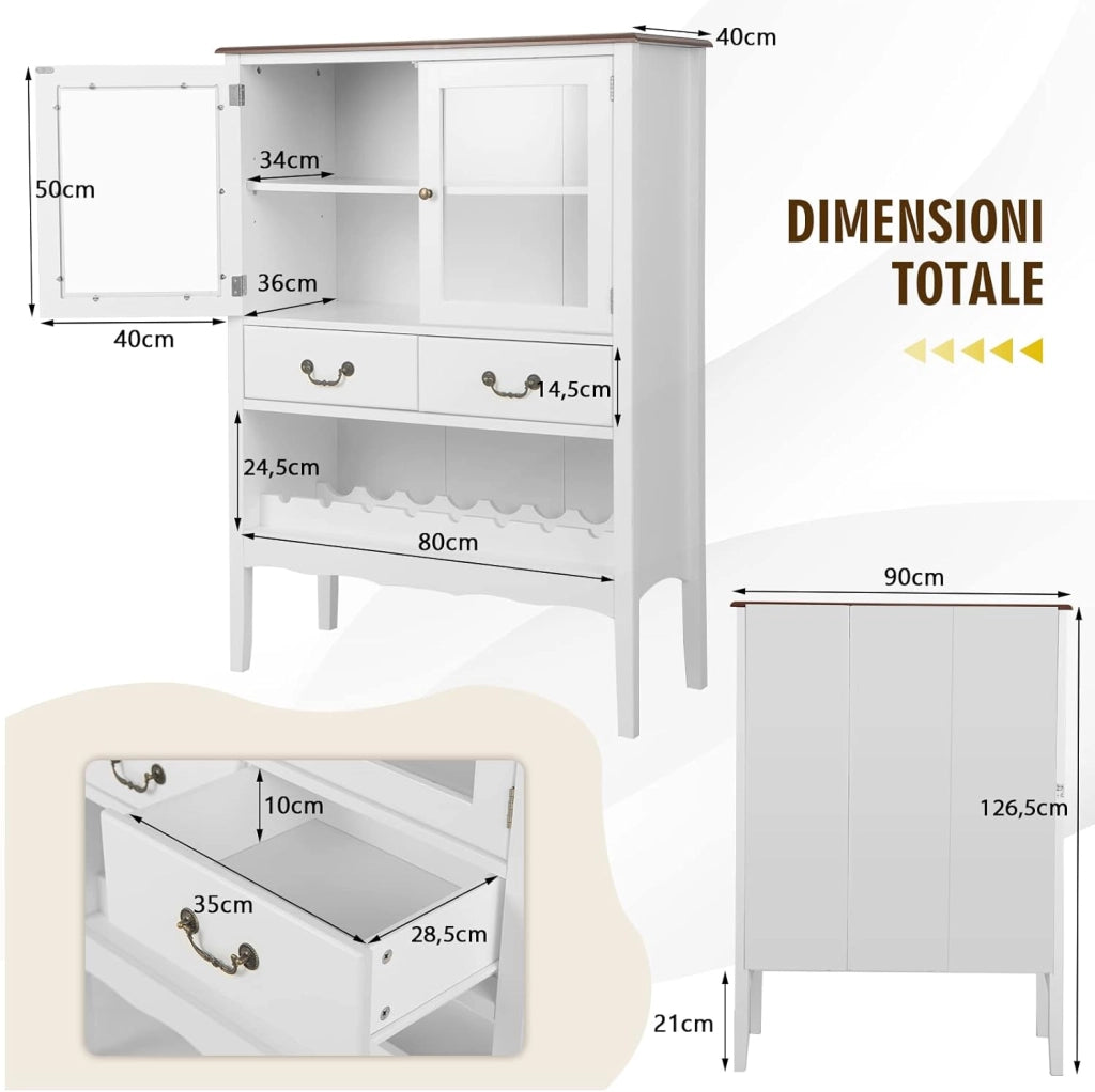 Mobile contenitore indipendente, con 2 porte in vetro temperato, 2 cassetti, portabottiglie aperto, stazione bar ad angolo per sala da pranzo e soggiorno