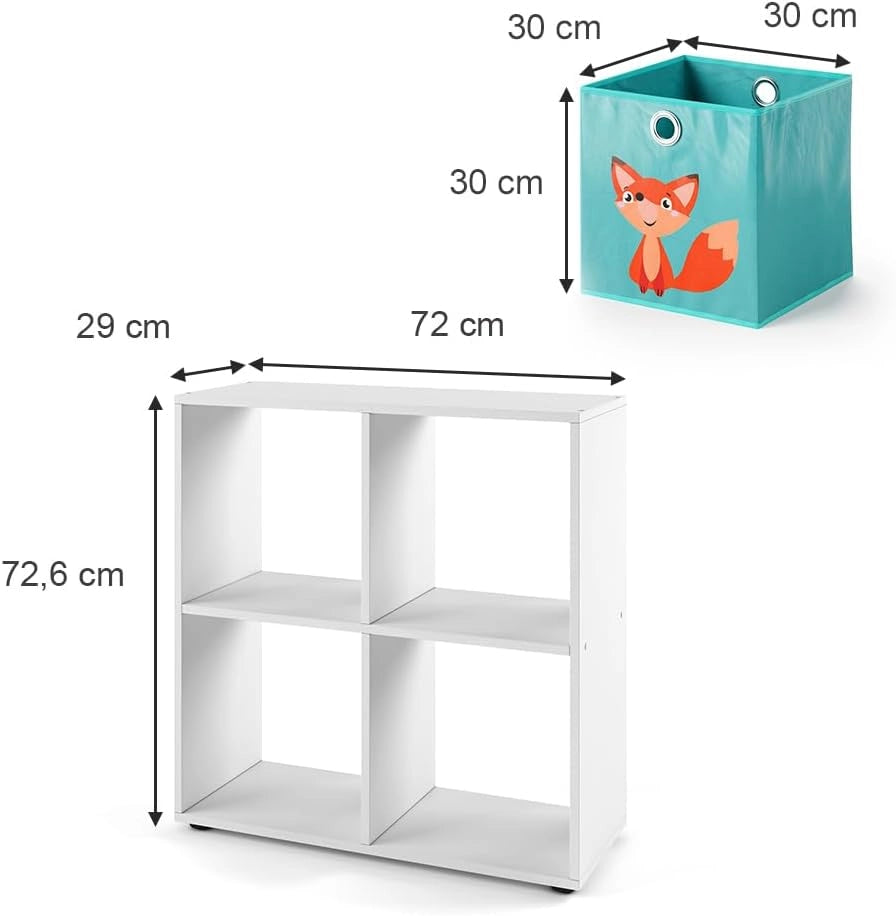 Libreria bambini Tetra, Bianco, 72.6 x 72 cm con 4 scatole pieghevoli (rosso/giallo), adatto per riporre giocattoli e libri
