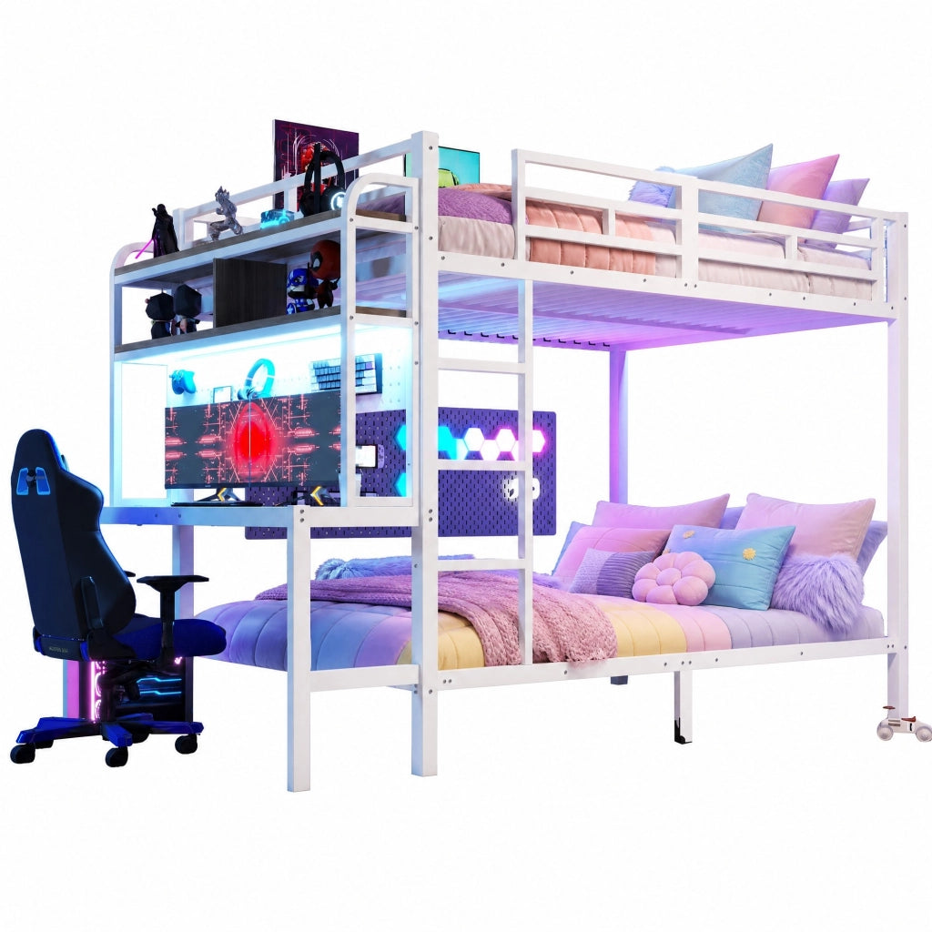 Letto a castello 140x200 cm in metallo e MDF; con scrivania; ripiani; LED e USB; bianco