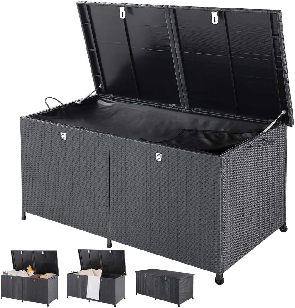 ® Baule da Giardino XXL 625L 150x77x73 cm Polyrattan con Ruote Impermeabile Fodera Interna Box Multifunzione