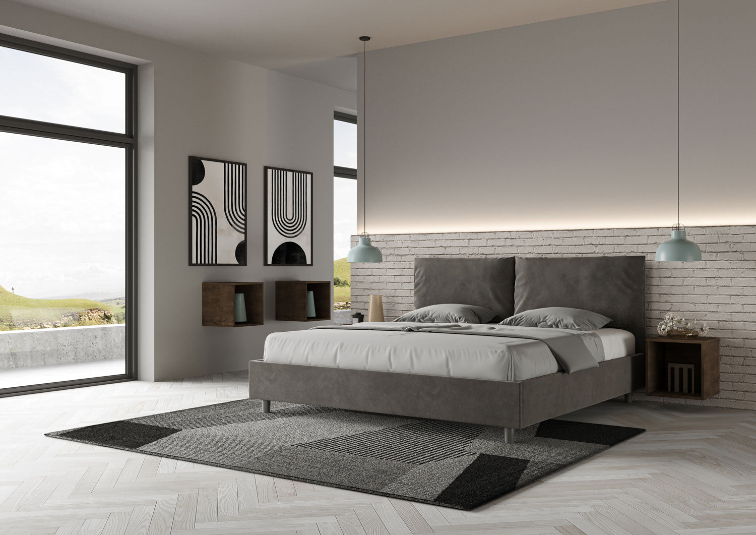 Letto Matrimoniale King Size 200x210 cm con Rete Imbottito in Microfibra Antea Large Grigio