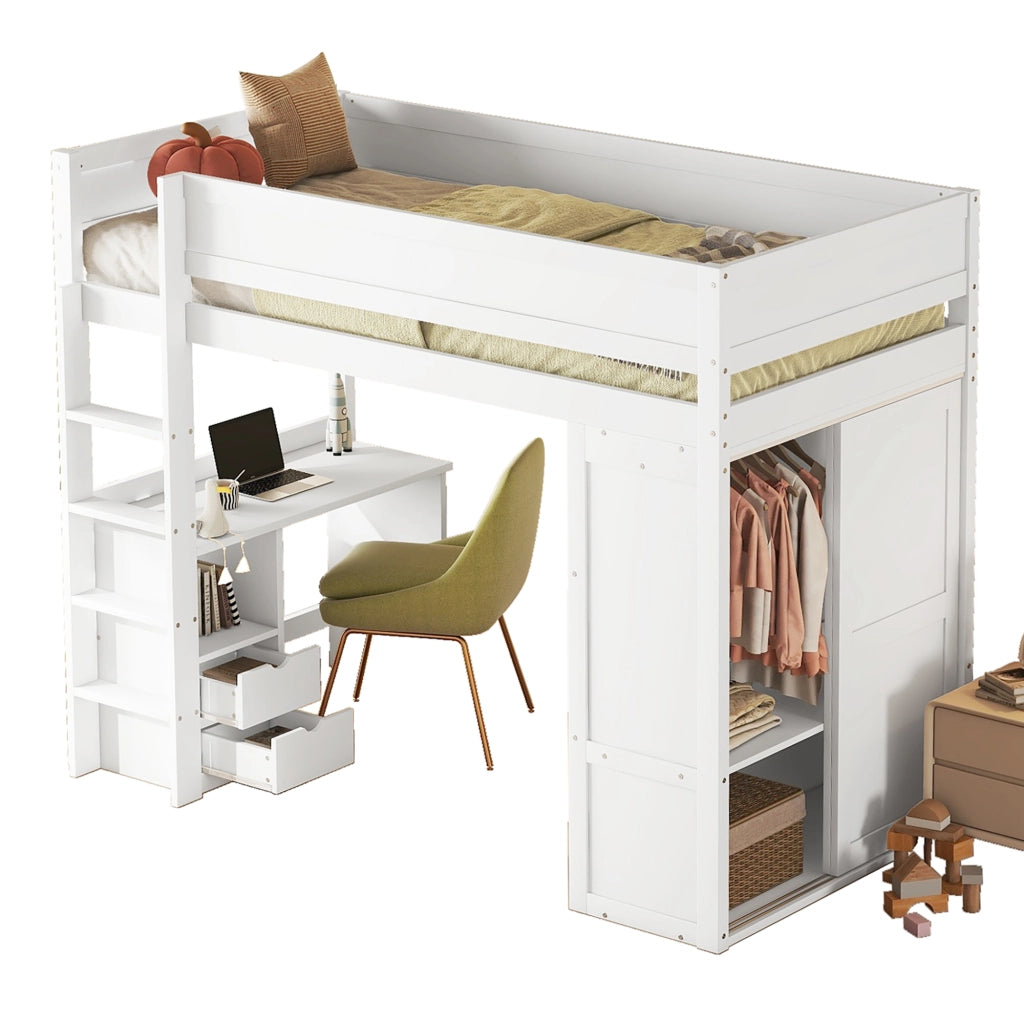 OKWISH Letto a Soppalco 90×200 cm, Letto Singolo con Armadio, Scrivania e 2 Cassetti, senza Materasso, in Pino e MDF, Bianco