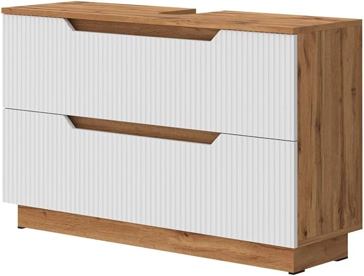 Mobile sottolavabo per bagno Lotta, Rovere/bianco a strisce, 99.4 x 62.5 cm con 2 cassetti