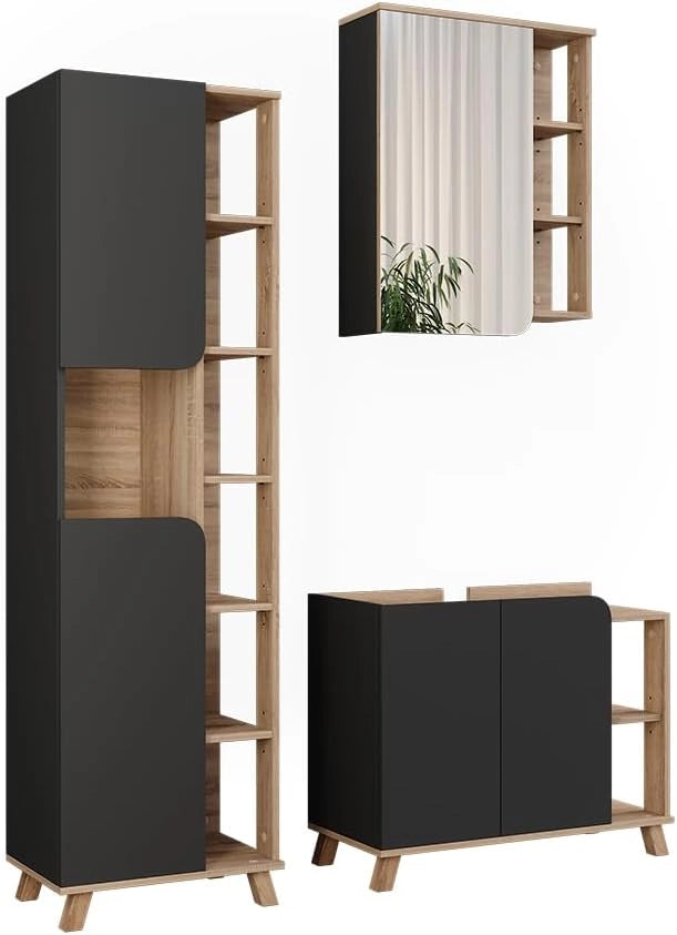 Set di mobili da bagno Karen, Antracite/bianco, 80 cm, composto da mobile sottolavabo, specchiera e colonna alta