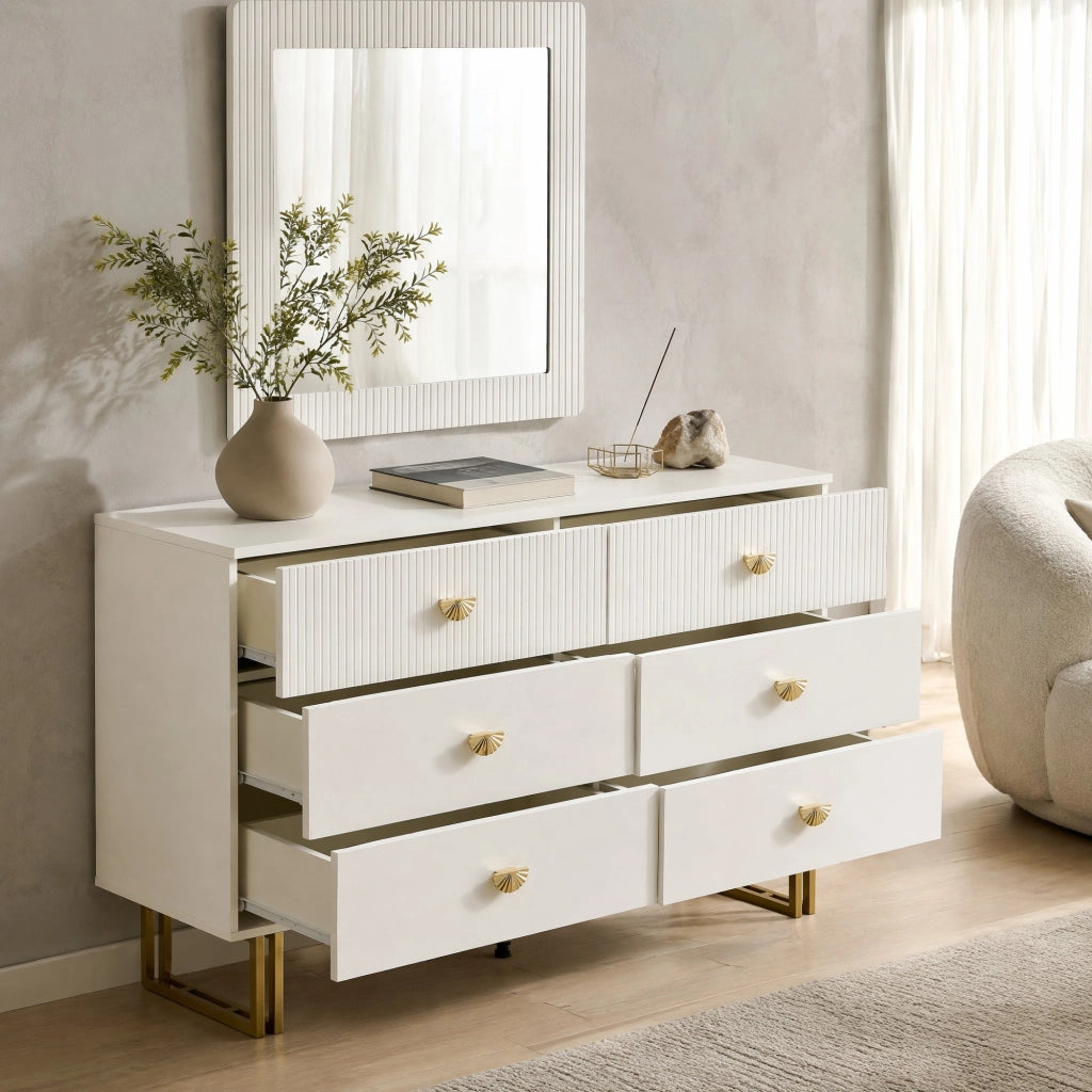 Set credenza bianca in MDF con 6 cassetti e specchio da parete 80x80 cm; dettagli dorati