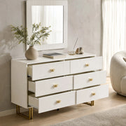 Set credenza bianca in MDF con 6 cassetti e specchio da parete 80x80 cm; dettagli dorati
